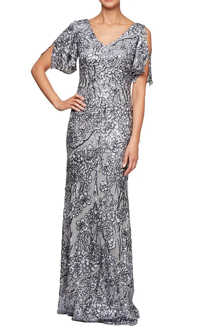 V-Neck Sequin Dress With Cold Shoulder Flutter Sleeve