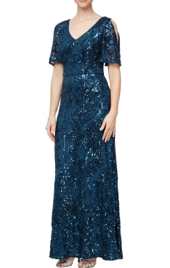 V-Neck Sequin Dress With Cold Shoulder Flutter Sleeve