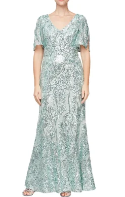 V-Neck Sequin Dress With Cold Shoulder Flutter Sleeve