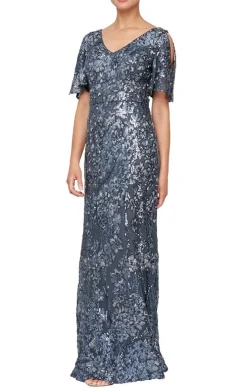 V-Neck Sequin Dress With Cold Shoulder Flutter Sleeve